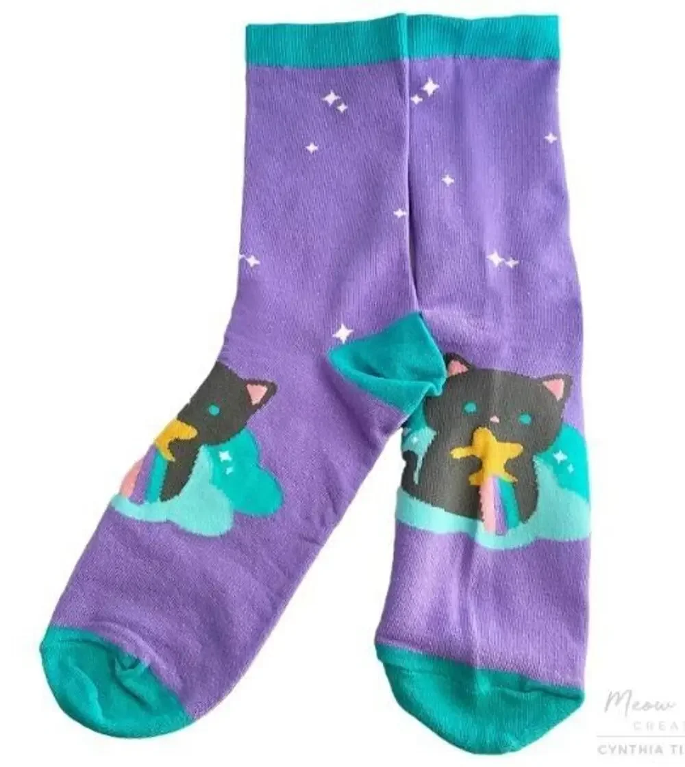 New Black Cat Kitten Kitty Purple Shooting Star Rainbow Lady Woman's Socks 7-10